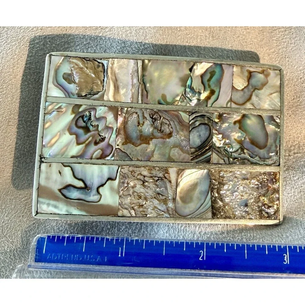 Alpaca Silver Western Plate Belt Buckle Abalone Shell Inlay Mosaic Mexico